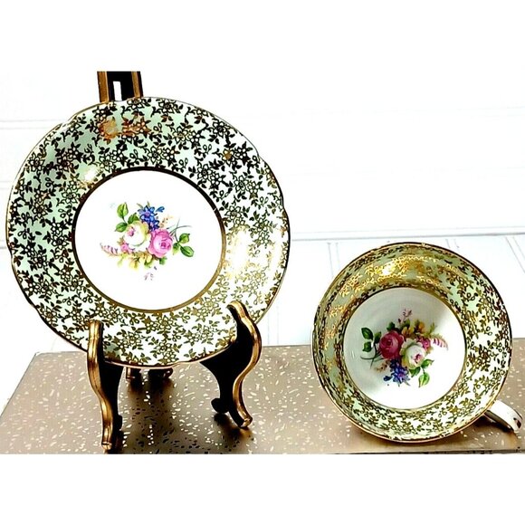 STANLEY ENGLAND QUEEN ANNE TEA CUP TEACUP SAUCER  MINT GREEN ROSE 24K GOLD - Picture 2 of 8